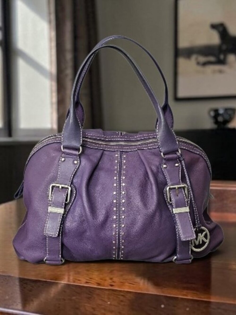 Michael Kors Astor Purple Leather Studded Hobo Vintage Satchel Shoulder Bag COA